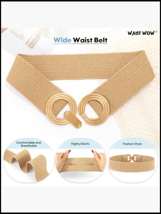 Wide Woven Stretch Belt with Gold Buckle - Boho Beach Dress Belt main image 5